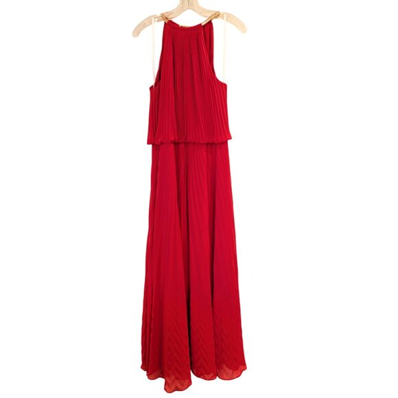 XSCAPE by Joanna Chen Chiffon Accordion Blouson Dress 14 Red Pleated Gold Collar - Picture 3 of 13